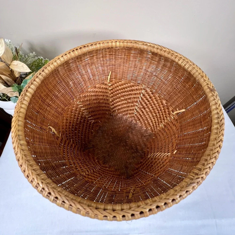 Vintage Dark Brown Woven Wicker Rattan and Bamboo Basket